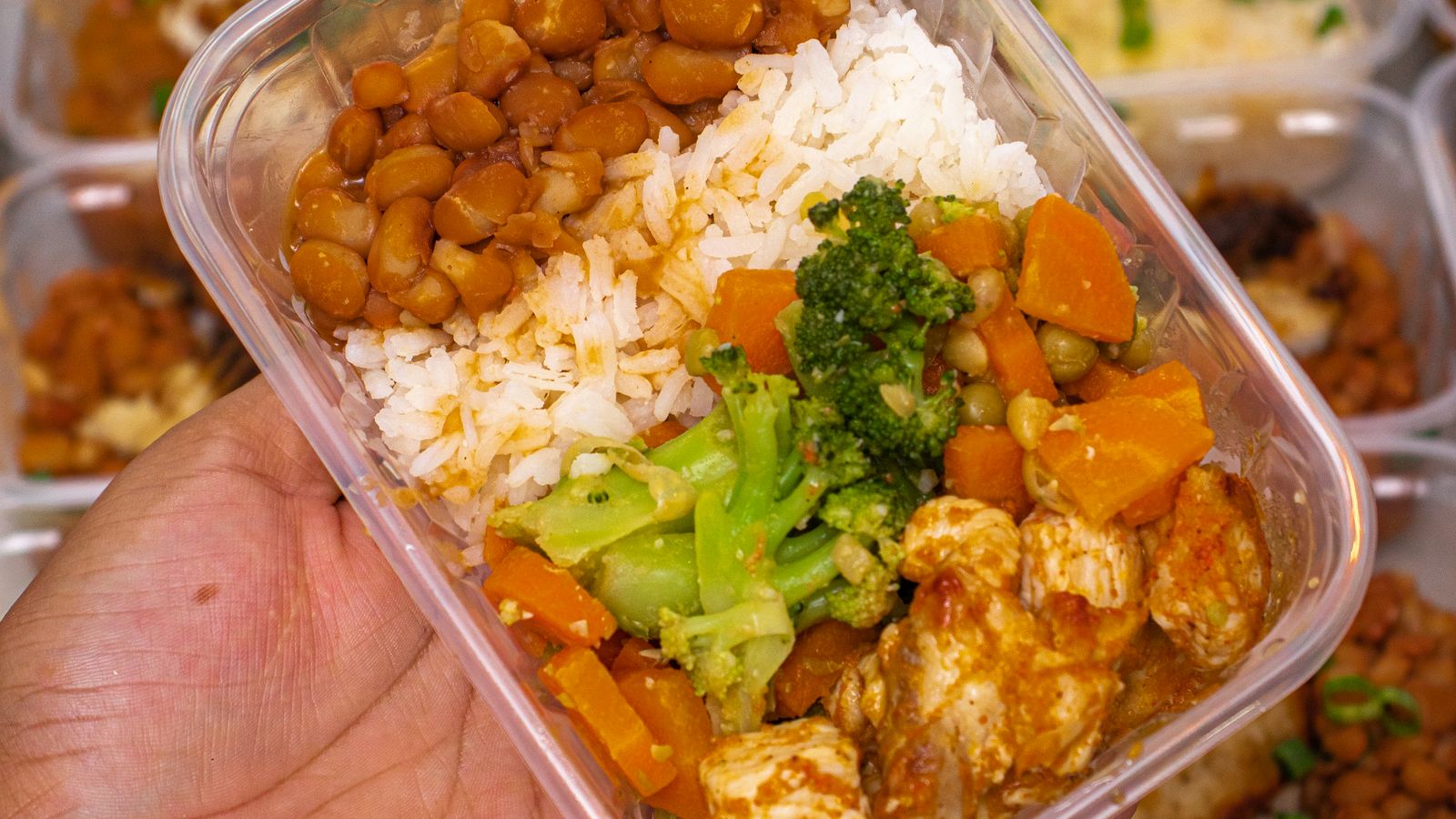 Colorful meal prep container with rice, chicken, and vegetables in separate compartments