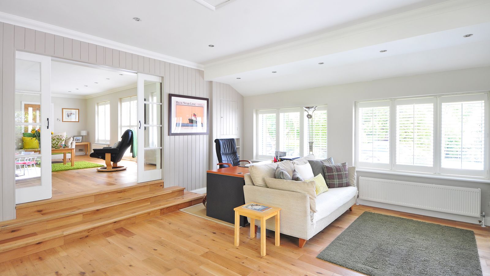 Area rug laid over a hardwood floor in a bright living room