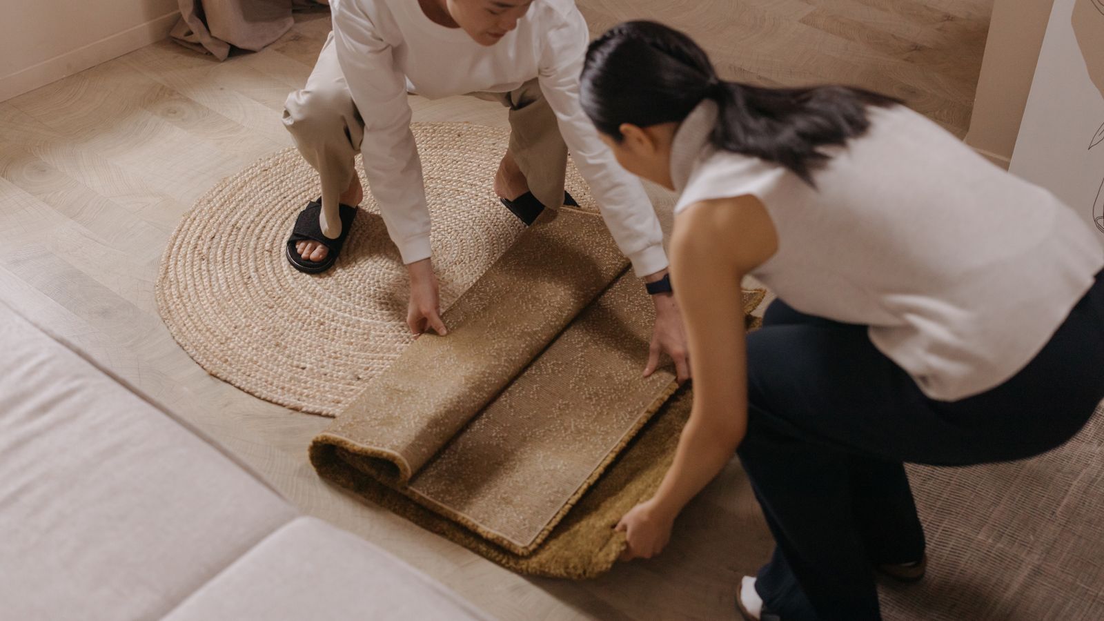 Person rolling out a rug over an underlay pad in a living room