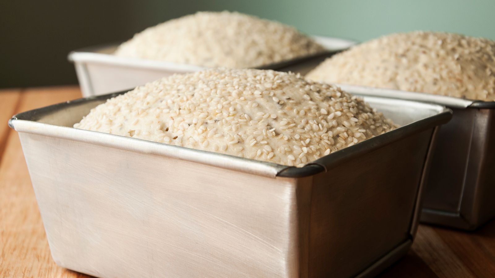 Bread dough rising in a metal loaf pan before air fryer baking
