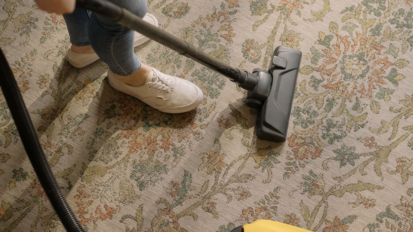 Vacuum cleaner being used on a patterned carpet in a living room