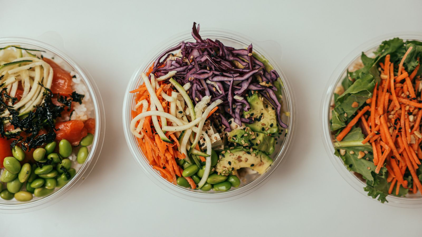 Healthy salad and vegetable bowls prepared for weekly low-oil meal prep