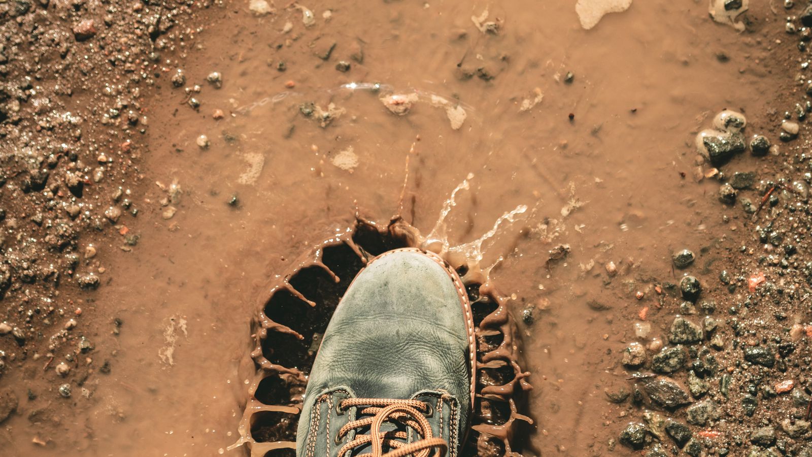 Muddy shoes and dried mud tracked onto a carpet near an entryway