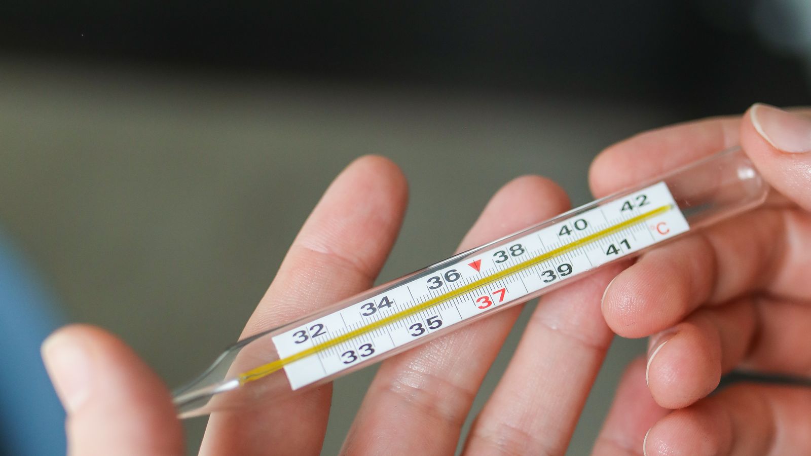 Close-up of a hand using a digital probe thermometer to check food temperature
