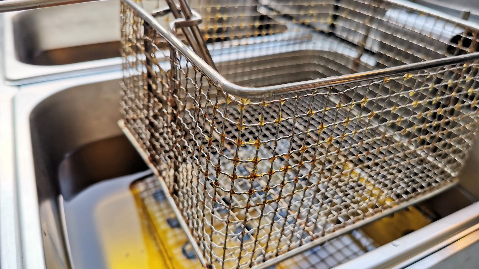 Stainless steel dehydrator tray and basket set up next to an air fryer on a kitchen counter